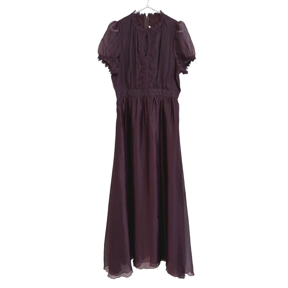 Retro Plum Chiffon Lace Trimmed Whimsygoth Maxi Dress Short Sleeve Keyhole L